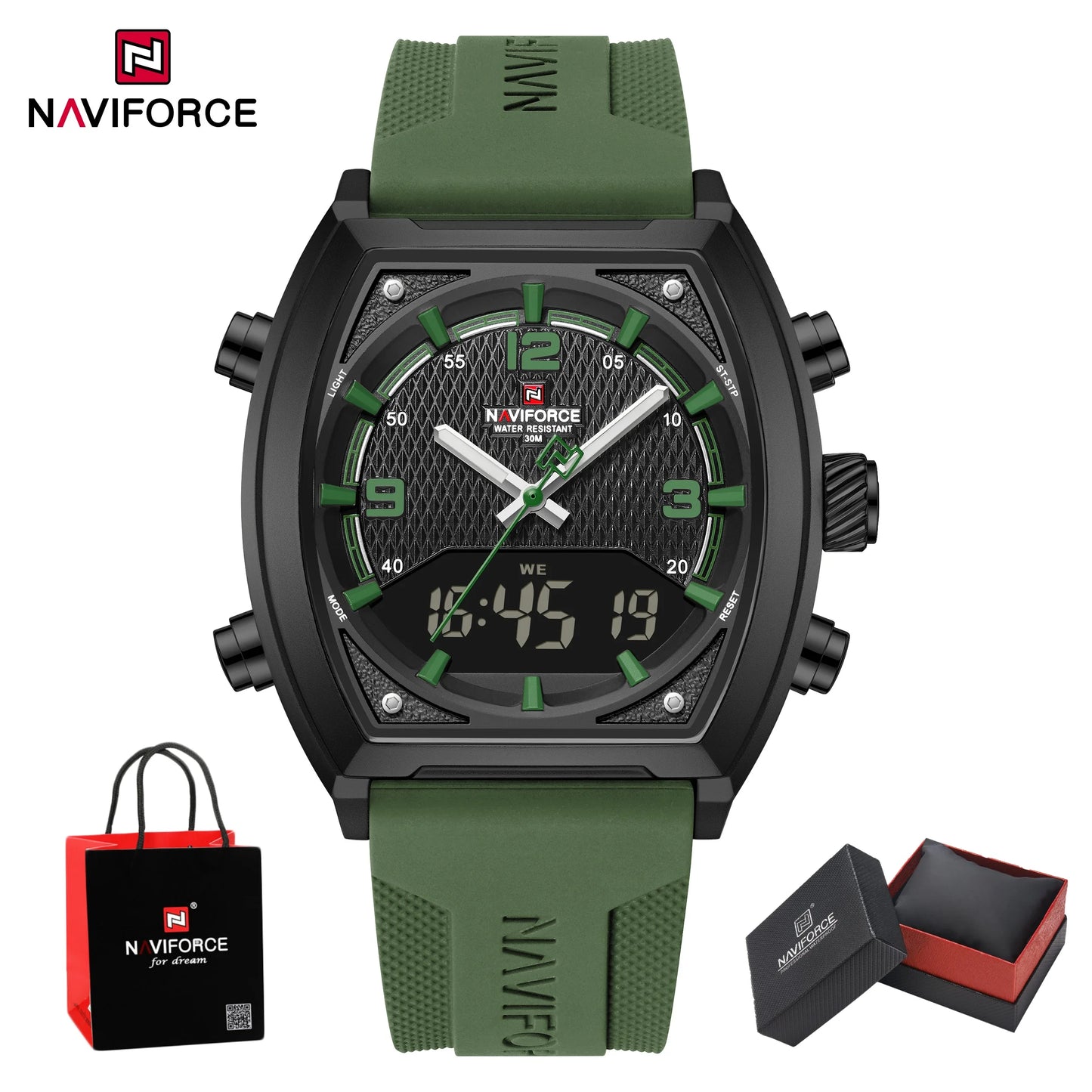 NAVIFORCE Men Dual Display Watch 3ATM Waterproof Luminous Silicone Strap Sport Casual Wristwatch Gifts box