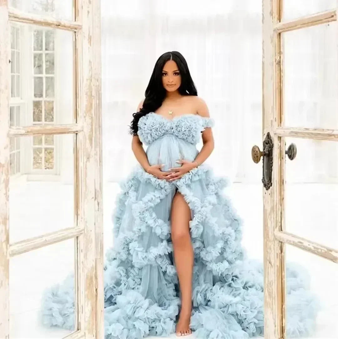 Maternity Dresses Customized Photoshoot Tiered Ruffles Pregnant Women Gowns Baby Shower Off Shoulder Front Slit Bridal Sleepwear