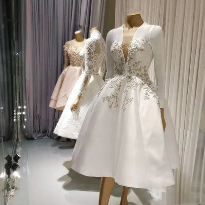 Silver Embroidery Long Sleeves V-Neck Bride Reception Gown Customized