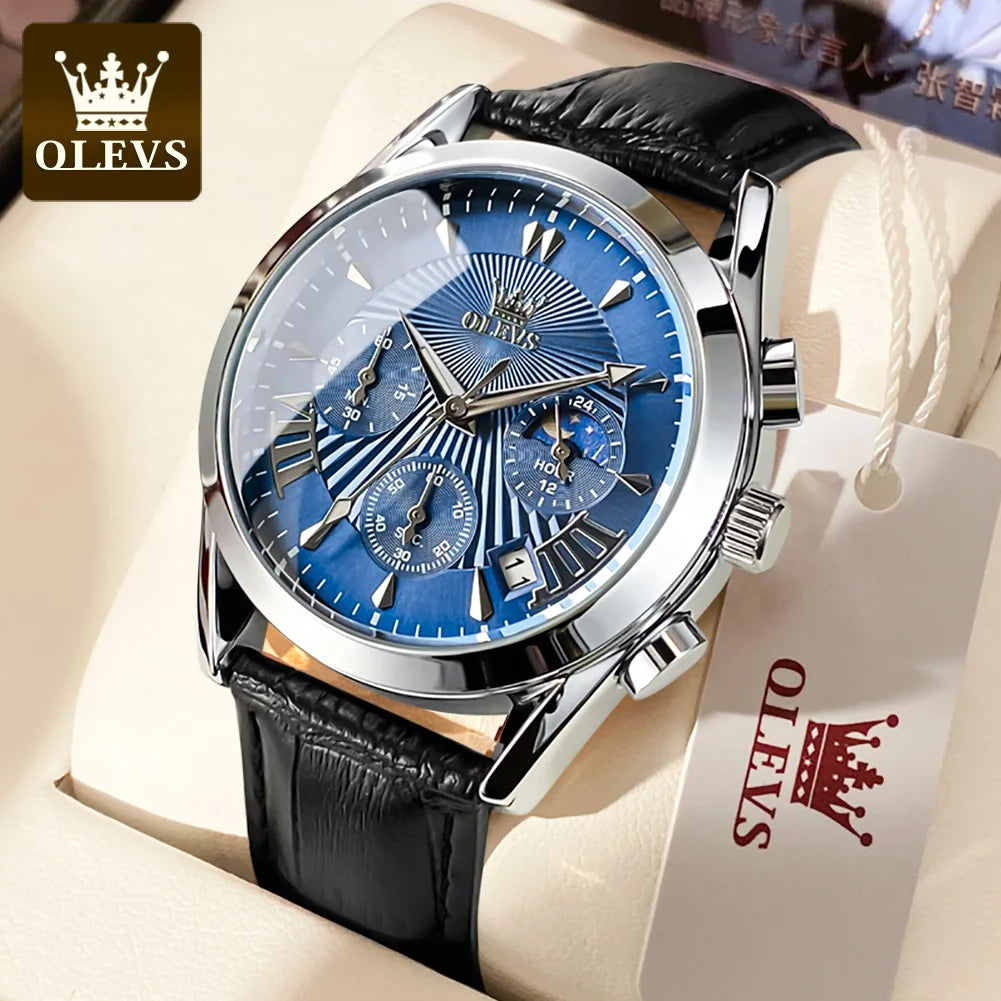 OLEVS casual fashion men's watches Moon Phase Chronograph waterproof man wristwatch Leather strap trend genuine watch for man