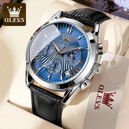 OLEVS casual fashion men's watches Moon Phase Chronograph waterproof man wristwatch Leather strap trend genuine watch for man