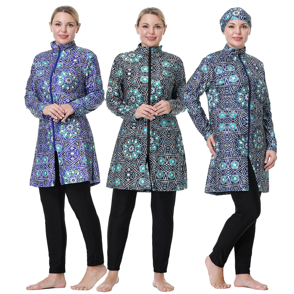 H1024 Muslim Women Fullcoverage  Long Sleeves Cover Up Burkinis Three Pieces Plus Size Printing  Swimwear Suits