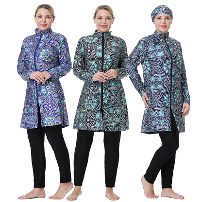 H1024 Muslim Women Fullcoverage  Long Sleeves Cover Up Burkinis Three Pieces Plus Size Printing  Swimwear Suits
