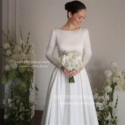 SSYTENS Elegant White Simple Wedding Dresses O-Neck Long sleeves Satin Draped Pleat A-line Floor-Length Bridal Gowns Customized