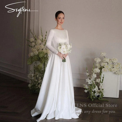 SSYTENS Elegant White Simple Wedding Dresses O-Neck Long sleeves Satin Draped Pleat A-line Floor-Length Bridal Gowns Customized