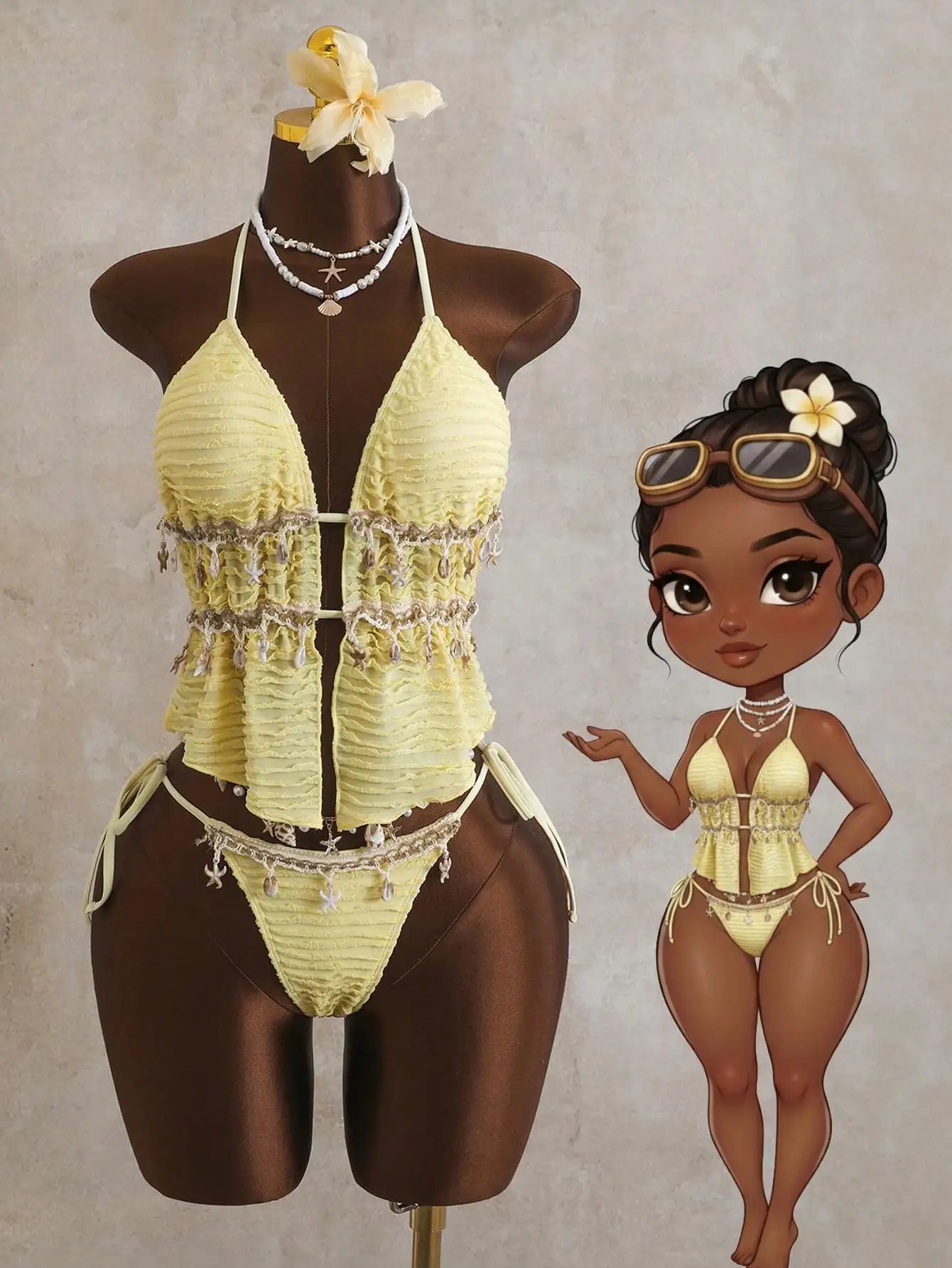 Cream Lace Halter Neck Tankini Set With Beaded Detail And Tie Side Bottoms