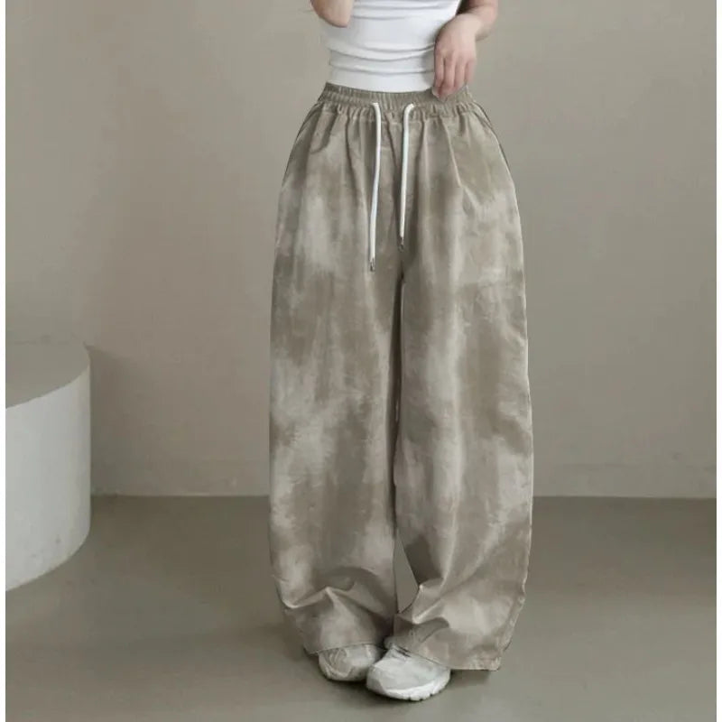 2026 Korean Version Pants Women's Tie-dye Loose Fashion Casual Drawstring Large Size Camouflage Printing Wide-leg Floor Pants