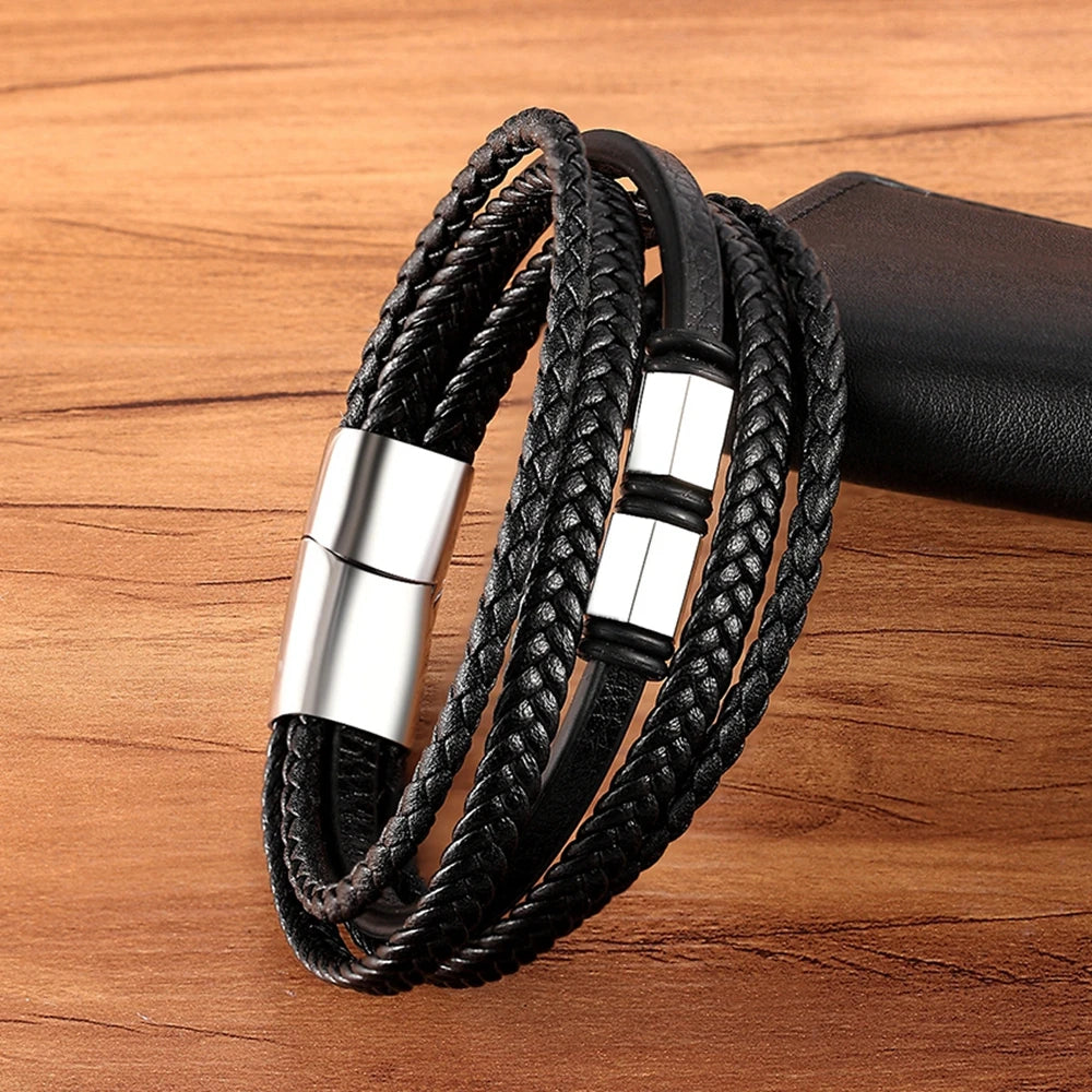 XQNI Luxury Vintage Multilayer Leather Men Bracelet Bead Bracelet Stainless Steel Charm Jewelry Male Wrist Bangle Birthday Gift