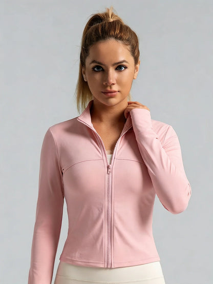 New Women Light Pink Yoga Coat Quick Dry Athletic Jacket with Zip Slim Fit Stand Up Collar Fitness Gym Workouts Outdoor Wear