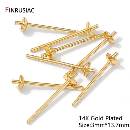 14K Gold Plated Brass Earring Stud Base Blank Post Ear Studs Tray Earplug For Pearl DIY Earring Making Accessories