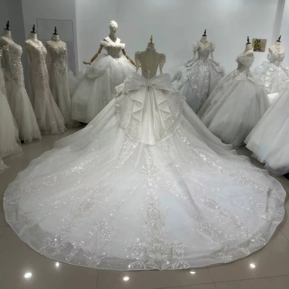 Long Sleeve Wedding Gown High Lace Up Keyhole Back Wedding Dress Beading Sequined Crystal Ball Gown Bridal Dress