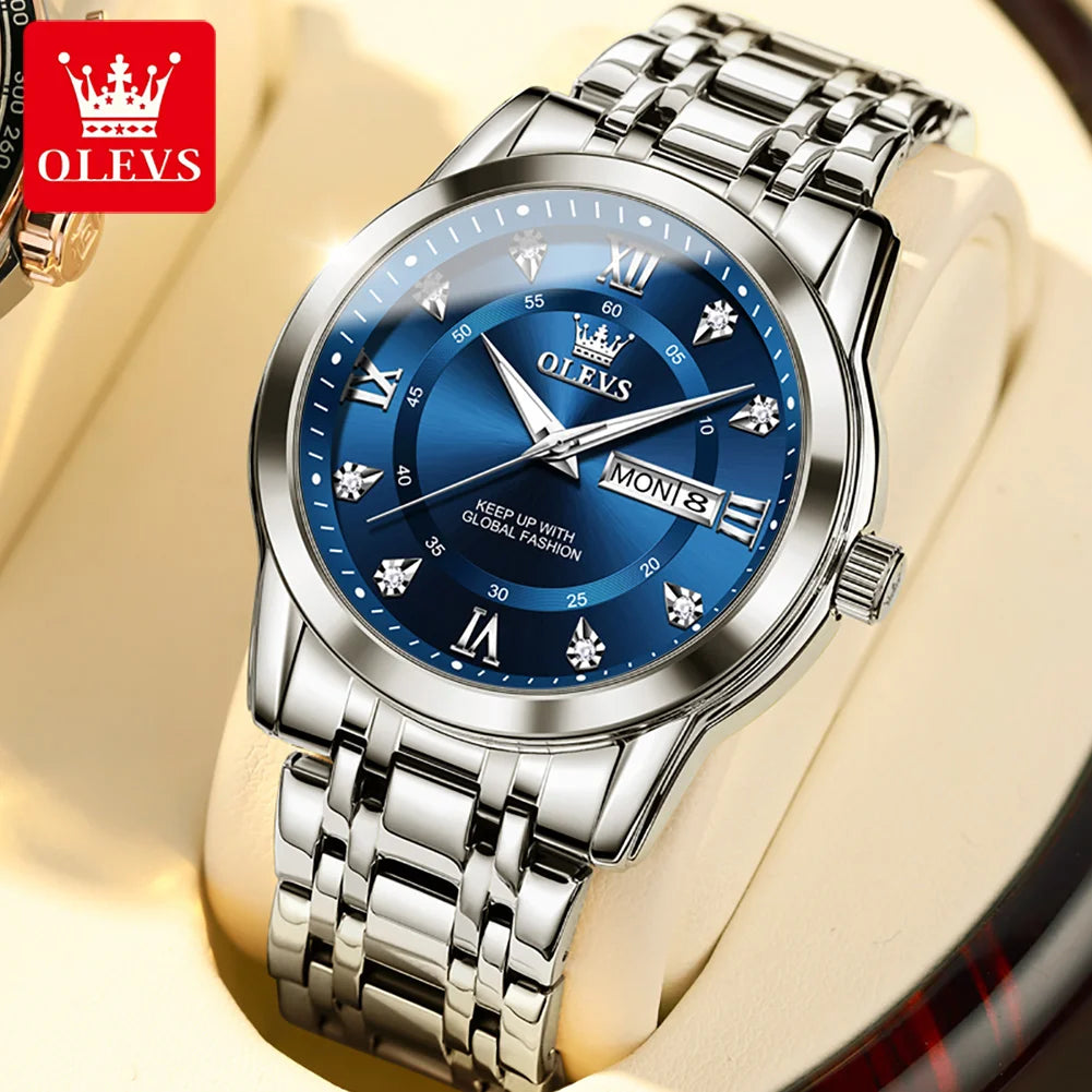 OLEVS Brand Fashion men's watches stainless steel waterproof Quartz wristwatch luminous Original watch for man Dual Calendar