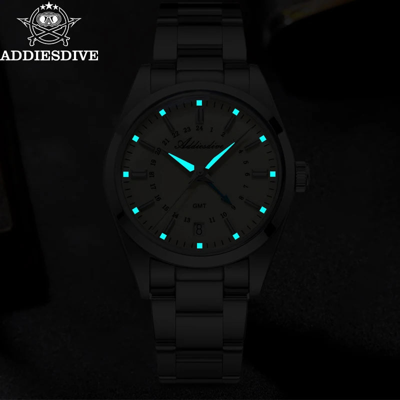 ADDIESDIVE Luxury Men's Analog Watch GMT Bubble Mirror Glass 36mm Quartz Watch Super Luminous 100m Business Steel Watch Men Gift