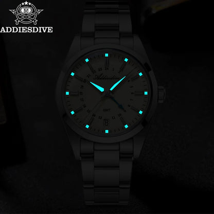 ADDIESDIVE Luxury Men's Analog Watch GMT Bubble Mirror Glass 36mm Quartz Watch Super Luminous 100m Business Steel Watch Men Gift