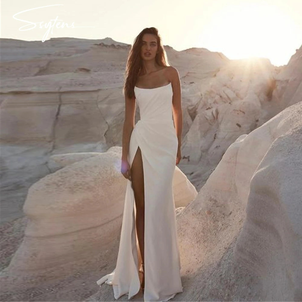 Simple Wedding Dress Mermaid Strapless Bride Gowns Customized Slit Leg Opening Floor Vestidos De Novia Bridal Dress for Women