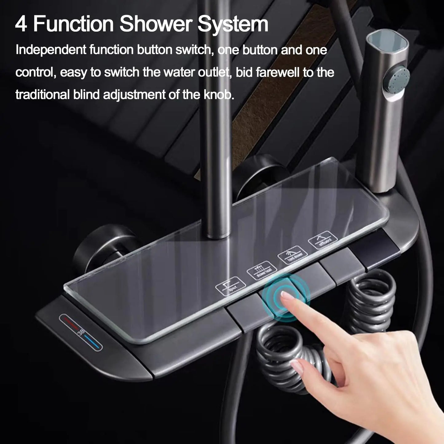 Smart LED Digital Display Temperature Rainfall Bathroom Shower System Gun Grey Brass Wall-Mounted  Thermostatic Shower Set