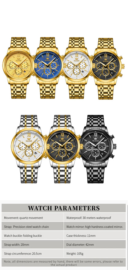 OLEVS Gold Blue Men's Watches Date Chronograph Small Dial Exclusive Design Luxury Business Waterproof Stainless steel Wristwatch