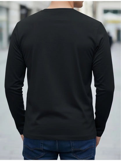 100% pure cotton men's long sleeved round neck loose compass explorer pattern printed casual versatile T-shirt top