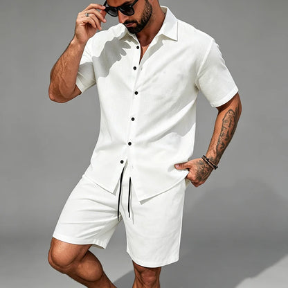 Men Linen Two Piece Outfit Short Sleeve Lapel Button Shirt Elastic Drawstring Shorts Summer Daily Seaside Vacation Casual Set