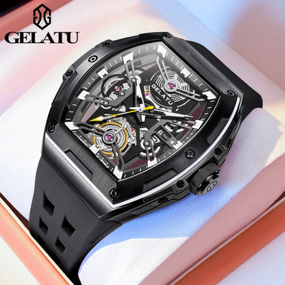 GELATU Men's Watches Trend Fashion Hollow Out Self-winding Automatic Mechanical Wristwatch Sapphire Mirror Waterproof Luminous