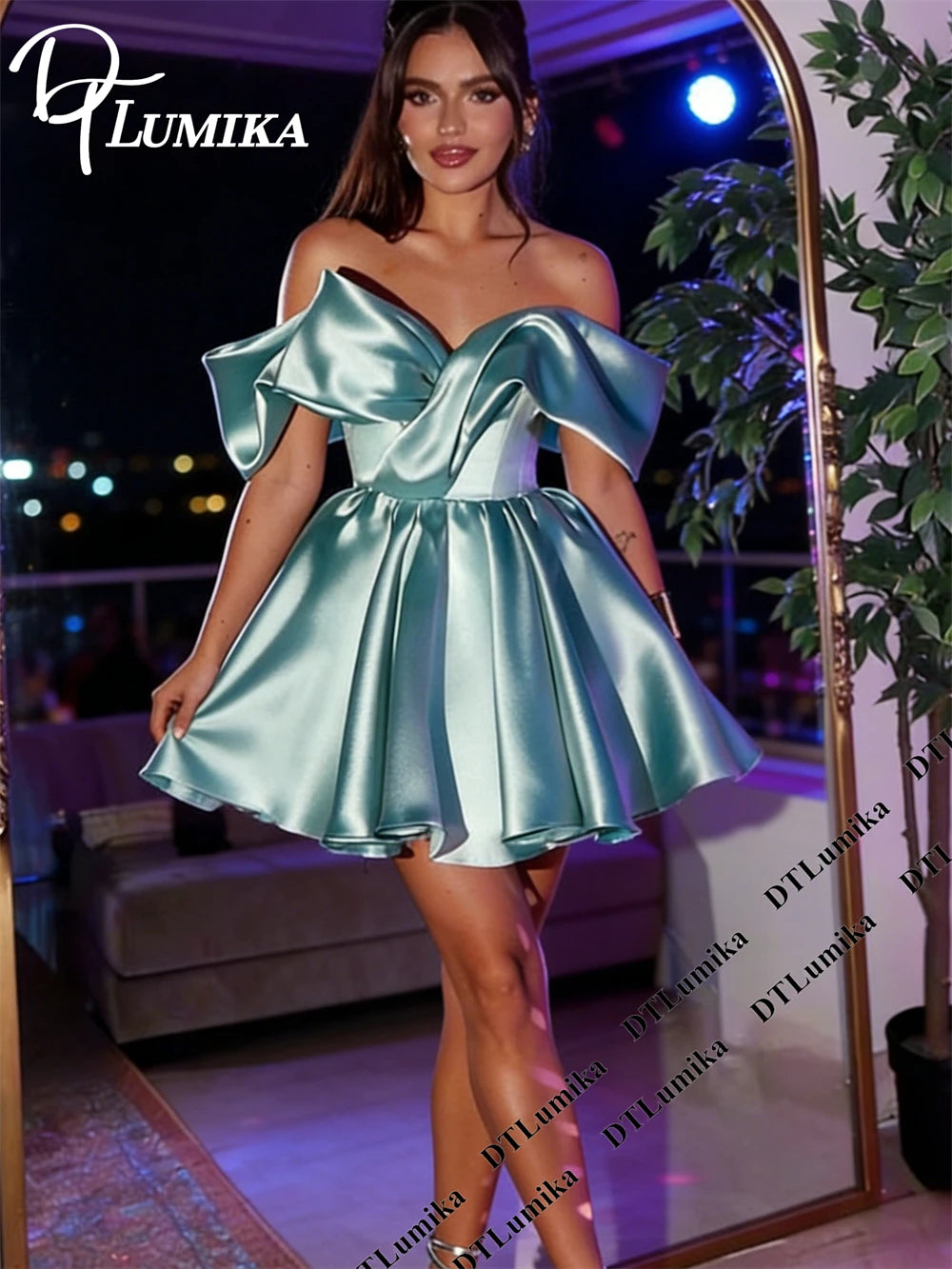 DTLumika Off the Shoulder Strapless Prom Dress Cocktail Club Formal Gowns Customized Glossy Mini Satin Party Dress for Women