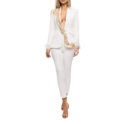 Women's Dresses Suit Gowns Elegant Peaked Lapel Appliques Jacket Coat And Pants For Female Satin 2 Pieces Suit Customized W75
