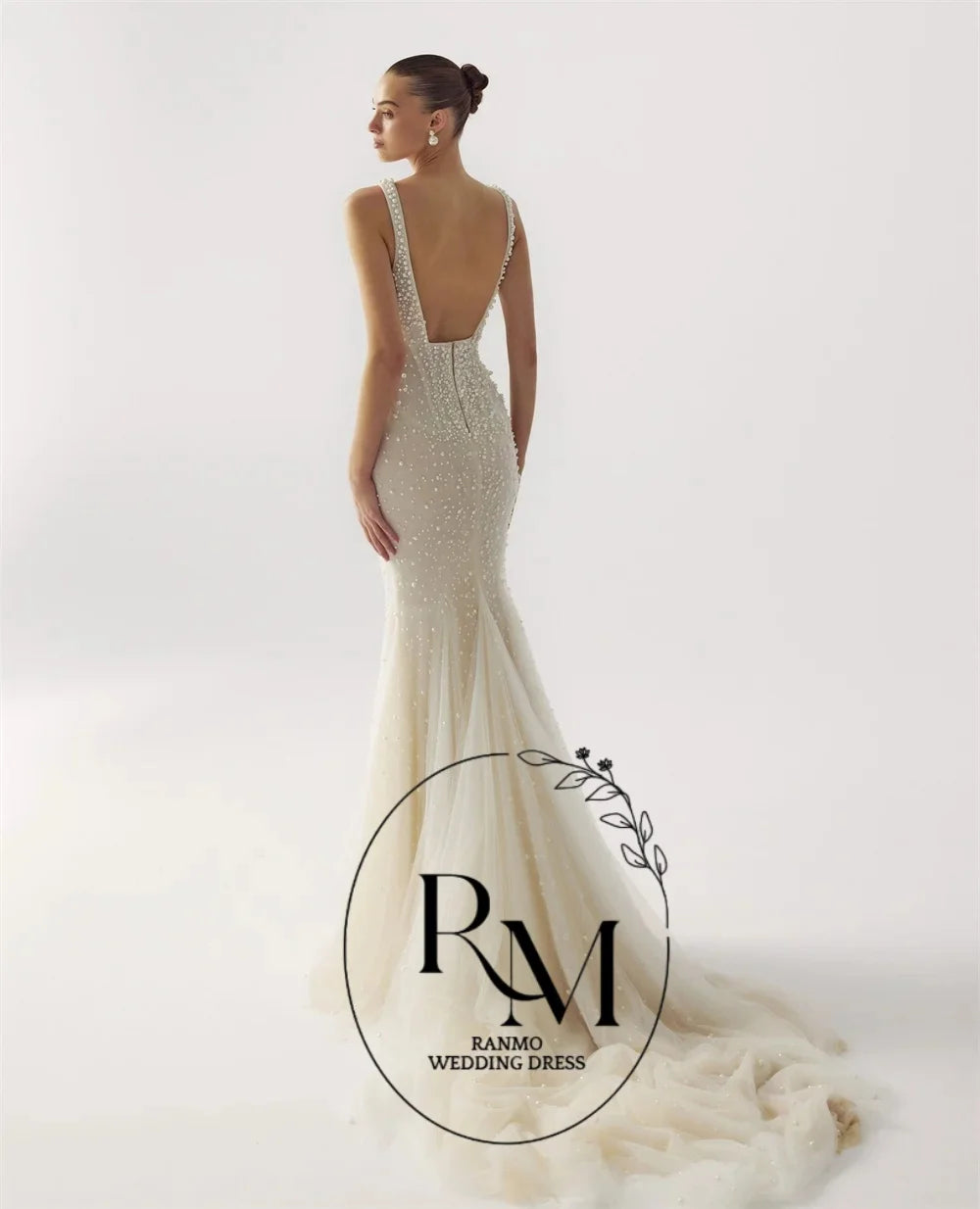 Ranmo Fashion Lace Wedding Dress Woman's Mermaid Bridal Gowns Spaghetti Strap Pearls Court Train Customized  Vestidos De Novia