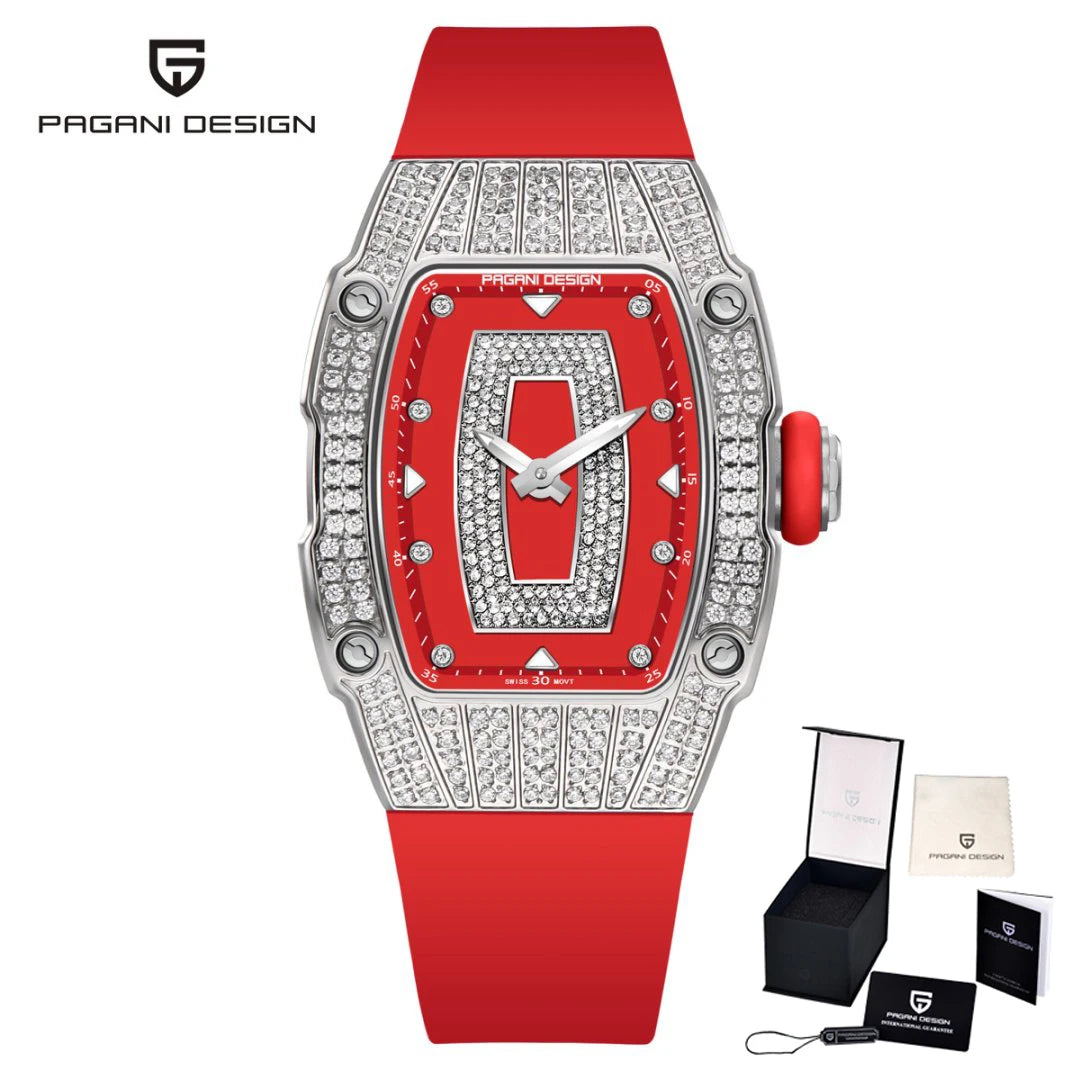 PAGANI DESIGN Top Luxury Diamond encrusted Women's Watch Fashion RubberWaterproof LuminousWine Bucket Case Women'sWatch+Gift Box