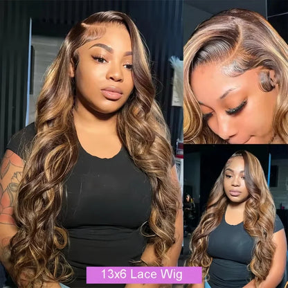 Highlight Body Wave 13x6 HD Omber Lace Front Human Hair Pre Plucked Wig 1B/30 Black Brown Colored Hair 13x4 HD Lace Frontal Wigs