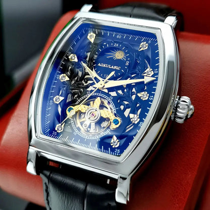 AOKULASIC Tourbillon Iced Out Skeleton Automatic Mechanical Watches for Men Luxury Moon Phase Casual Leather Strap Mens Watch