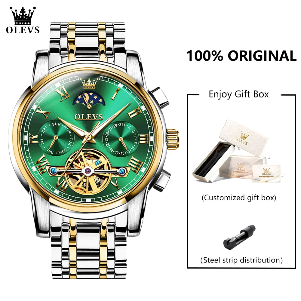 OLEVS 6617 Men's Classic Mechanical Watch Waterproof Business Stainless Steel Strap Watch  Sun And Moon 30M Waterproof Watch
