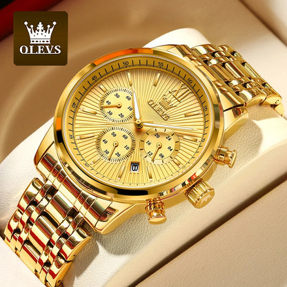 OLEVS Gold Blue Men's Watches Date Chronograph Small Dial Exclusive Design Luxury Business Waterproof Stainless steel Wristwatch