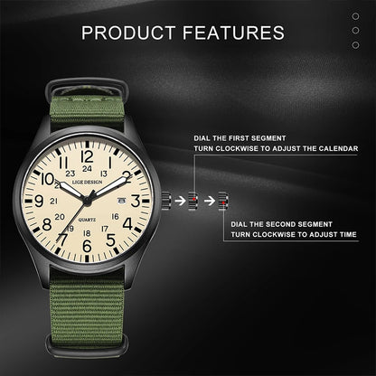 LIGE 2025 TOP NEW quartz wristwatch Arabic Watch for Men Luminous Green Nylon Luxury Leather Wrist Men Watch Montre Homme+BOX