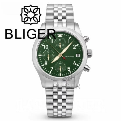 BLIGER Full Black Brushed 38mm VK67 Quartz Aviator Chronograph Watch For Men Domed Sapphire Glass Luminous Dial Waterproof Date