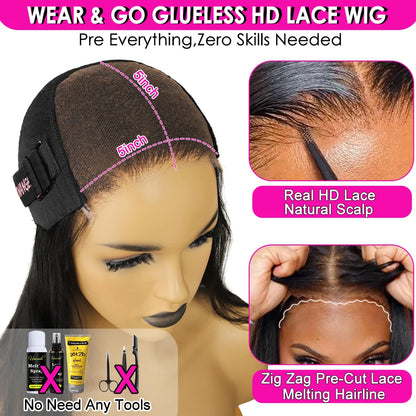 34In Natural Wave Glueless Wigs Pre Cut 5x5 HD Lace Closure Wigs Human Hair Skinlike HD Lace Curly Wigs Pre Bleached For Women