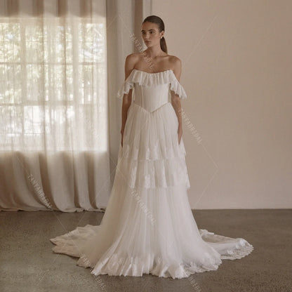 Romantic Lace And Tulle Wedding Dress A Line Off The Shoulder Sweep Train Elegant Bridal Gown Customized