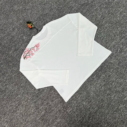 26ss DERSCHUTZE Long Sleeved White Waffle Patterned Cherry Blossom Embroidered T-shirt Loose Casual Top DERSCHUTZE Top Tee