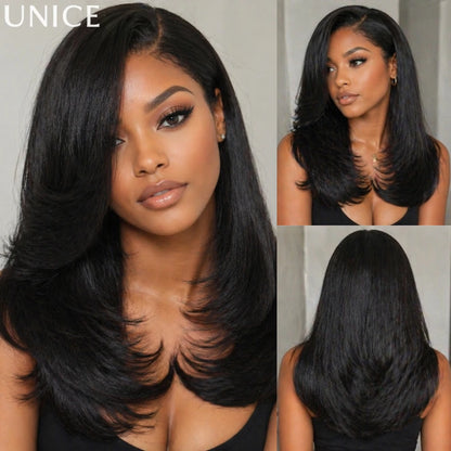 UNice Bye-Bye Knots™ 7x5 Lace Pre Layered Side Part Yaki Straight Wig Human Hair Glueless Wig Short Bob Wigs 150% Density