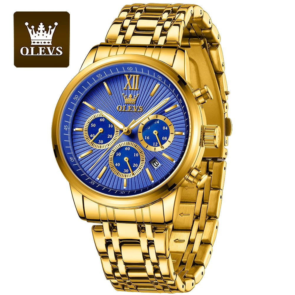 OLEVS Gold Blue Men's Watches Date Chronograph Small Dial Exclusive Design Luxury Business Waterproof Stainless steel Wristwatch