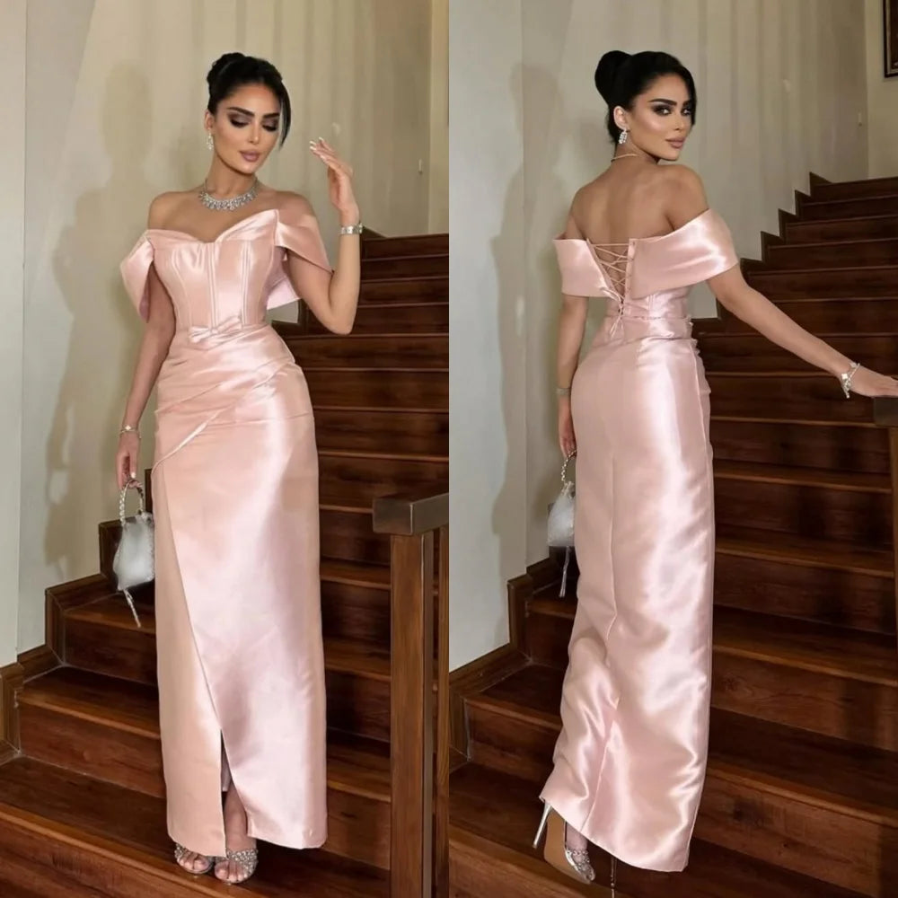 Customized Charmeuse Criss-Cross Ribbon Off-the-shoulder Straight Midi Dresses Bespoke Occasion Elegant Simple Party