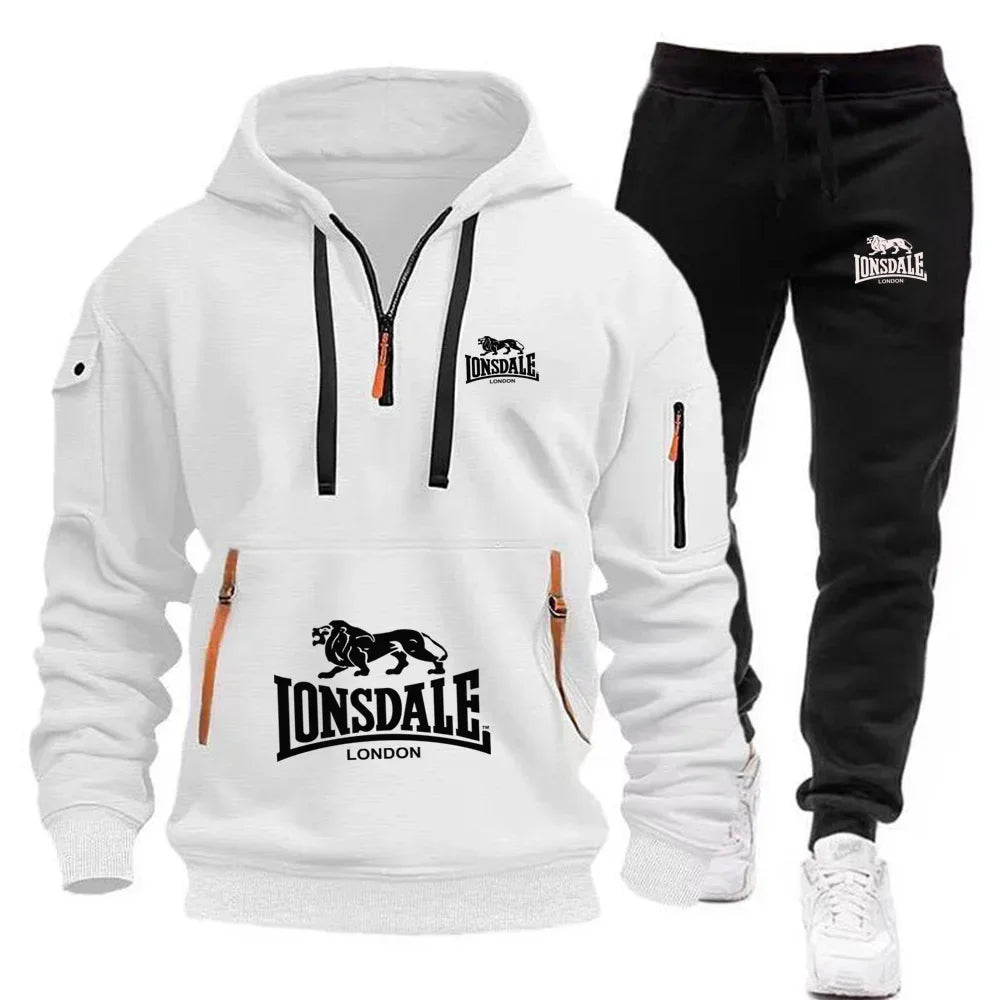 LONSDALE Men's Kangaroo Pocket Hoodie Set 2026 New Autumn Winter Fleece Sweatshirt + Sports Pants 2 Piece Tracksuit Casual Fitne