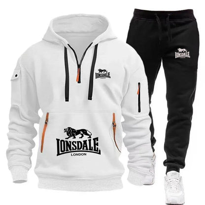 LONSDALE Men's Kangaroo Pocket Hoodie Set 2026 New Autumn Winter Fleece Sweatshirt + Sports Pants 2 Piece Tracksuit Casual Fitne