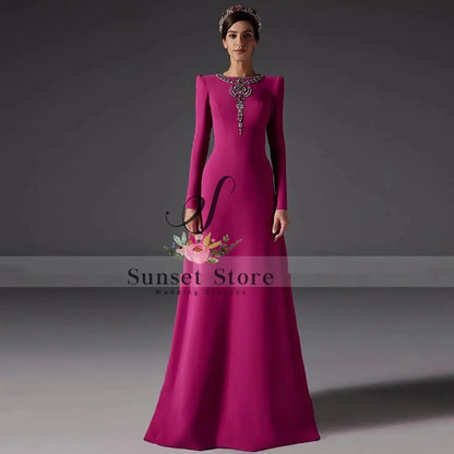 Customized  Evening Dress Long Sleeves Ruched Rhinestone Beaded Women's Evening Gowns A-line O Neck Bespoke Occasion Dresses