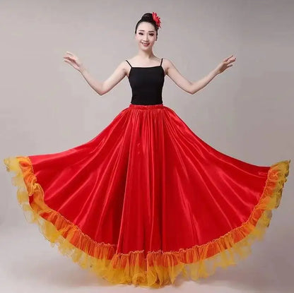 Skirt Gypsy Woman Spanish Flamenco Polyester Satin Smooth Big Swing Carnival Party Ballroom Belly Dance Costumes Dress