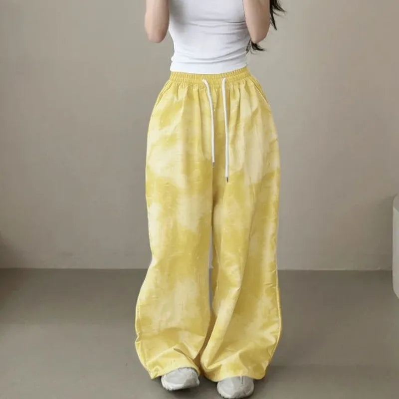 2026 Korean Version Pants Women's Tie-dye Loose Fashion Casual Drawstring Large Size Camouflage Printing Wide-leg Floor Pants