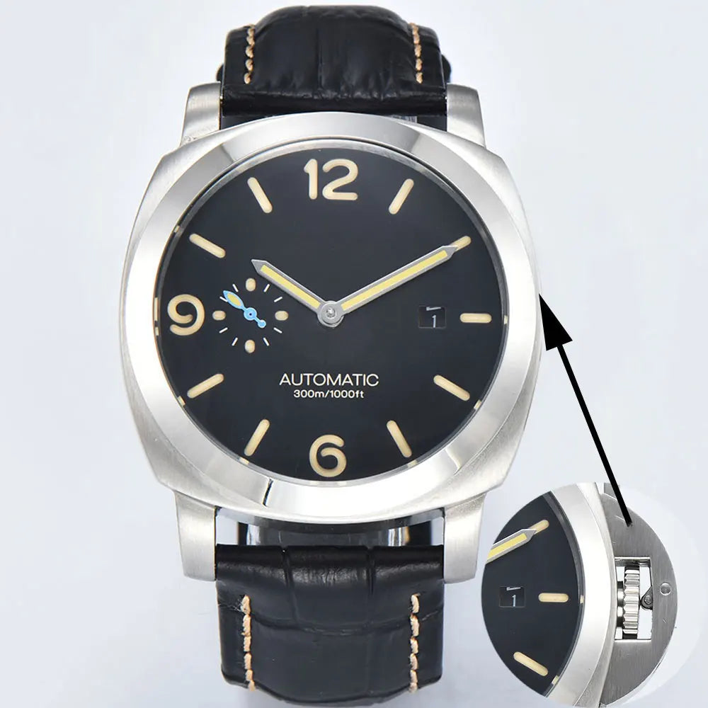 44mm Men's Watch Seagull ST2555 Movement Stainless Steel Case Automatic Mechanical Watch Strength Mineral Glass Leather Bracelet