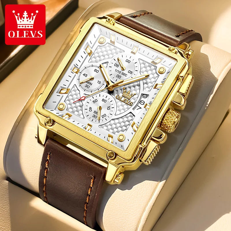 OLEVS brand mens watches waterproof Leather strap chronograph quartz watch for man date gold square dial genuine male wristwatch