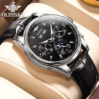 OUPINKE Men's Watches Casual Trend Leather Strap Original Automatic Mechanical Watch for Man Waterproof Moon Phase Calendar New