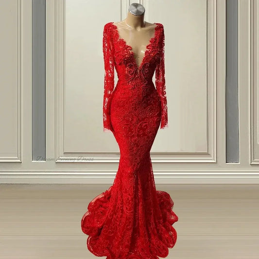 Customized Beautiful Deep V-neck Long Sleeves Mopping Women's New  New Dresses Blingbling Evening Dresses Lace Appl
