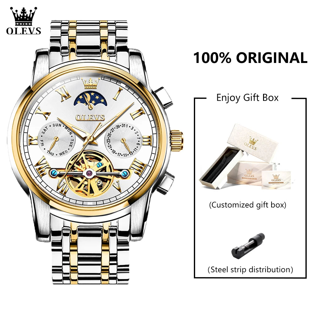 OLEVS 6617 Men's Classic Mechanical Watch Waterproof Business Stainless Steel Strap Watch  Sun And Moon 30M Waterproof Watch